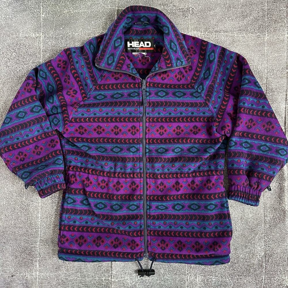 Men's Vintage 90's HEAD Skiwear Purple Black Tribal Aztec Fleece Zip Jacket Sz S